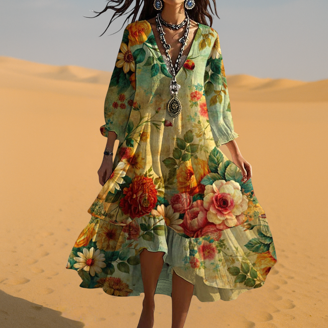 Eva | Damen Vintage Boho V-Ausschnitt Sommerkleid – Damenkleid