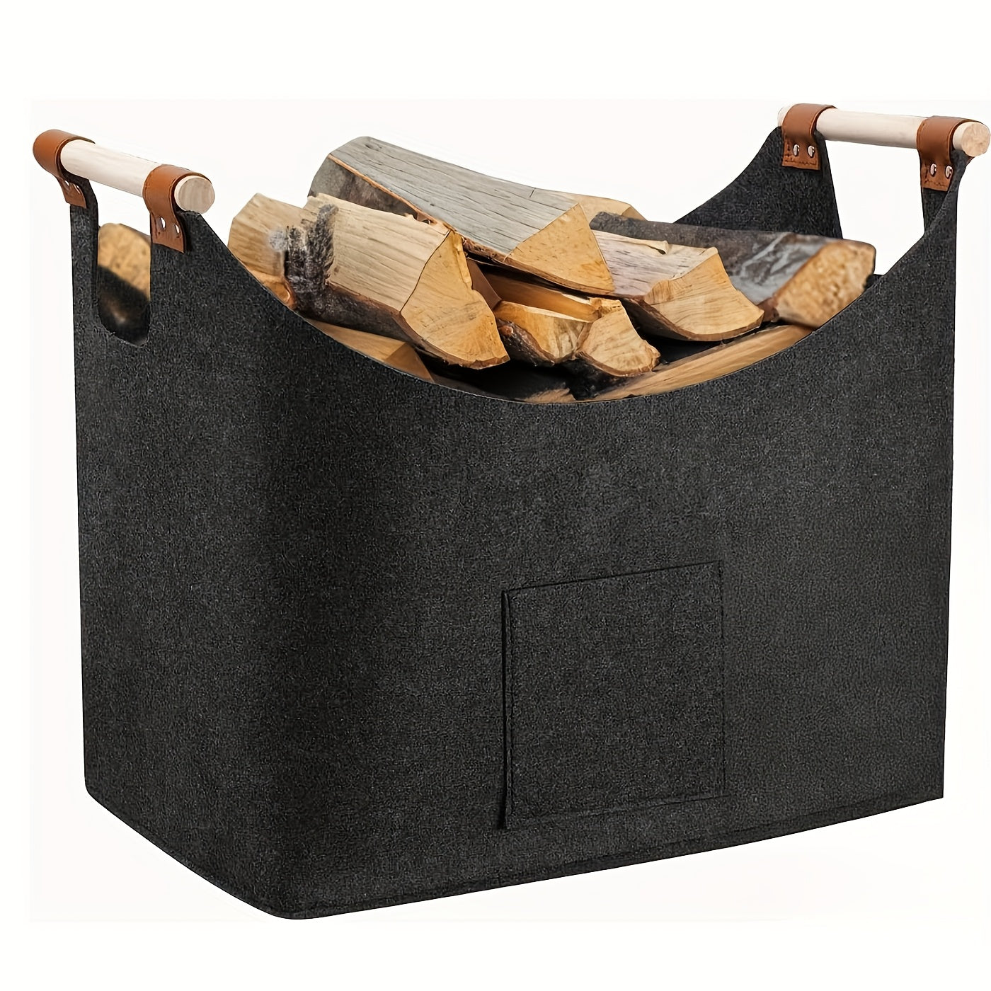Filz-Kaminholzkorb FELDURA| Faltbar| 55L Volumen| Mit Holzgriffen & Lederdetails| Dunkelgrau – Garten & Outdoor