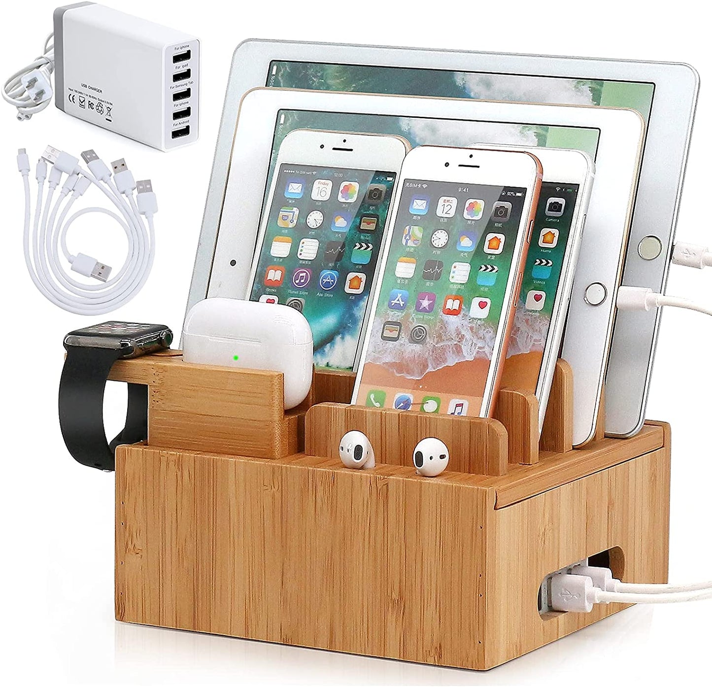Tekavo ChargeDock Ladestation aus Bambus| 5-Port USB & Organizer| Für Smartphone, Tablet & Smartwatch| Inkl. Kabelset – Bekle