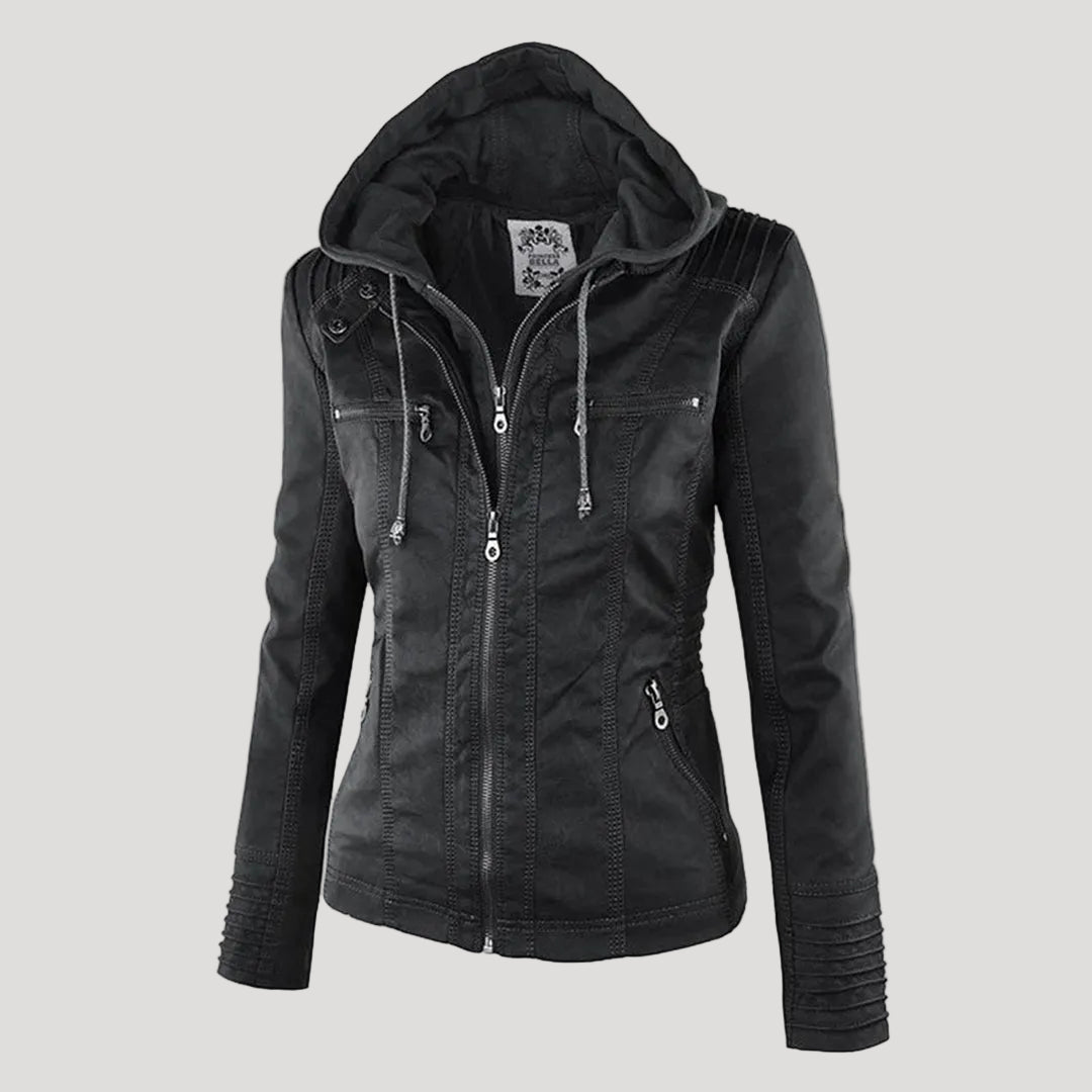 Wetterfester Damen Faux Lederjacke mit Kapuze – Bild 19 von 21