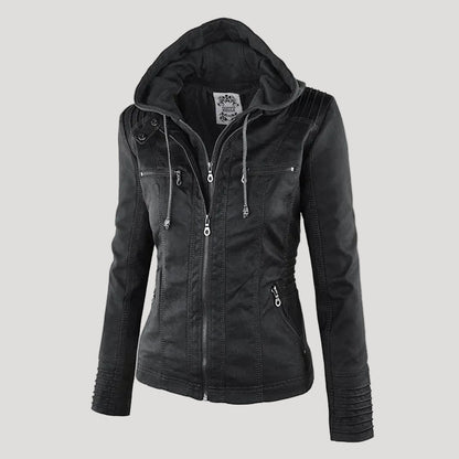 Wetterfester Damen Faux Lederjacke mit Kapuze – Bild 19 von 21
