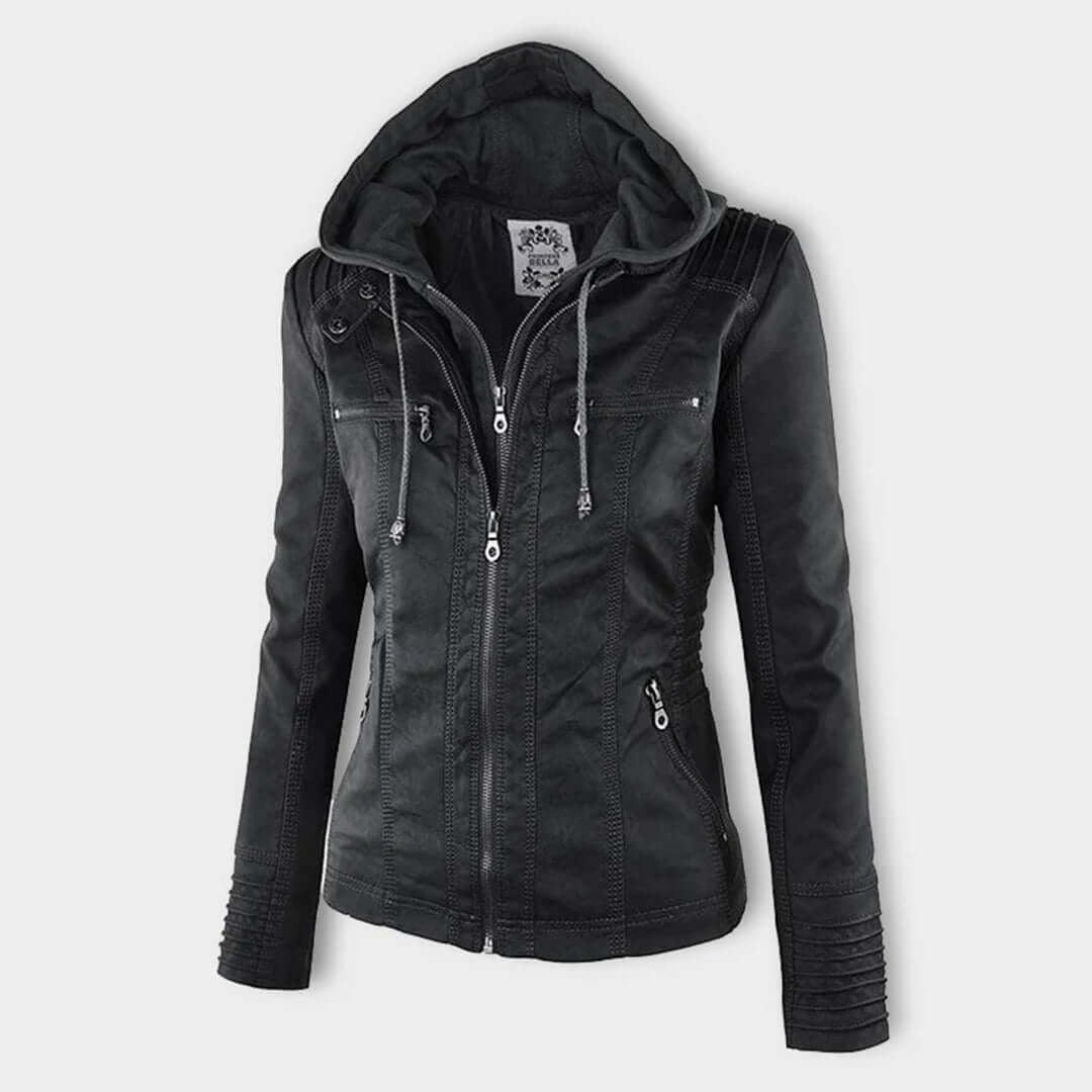 Stylische Damen-Lederjacke mit Kapuze – Bild 7 von 19