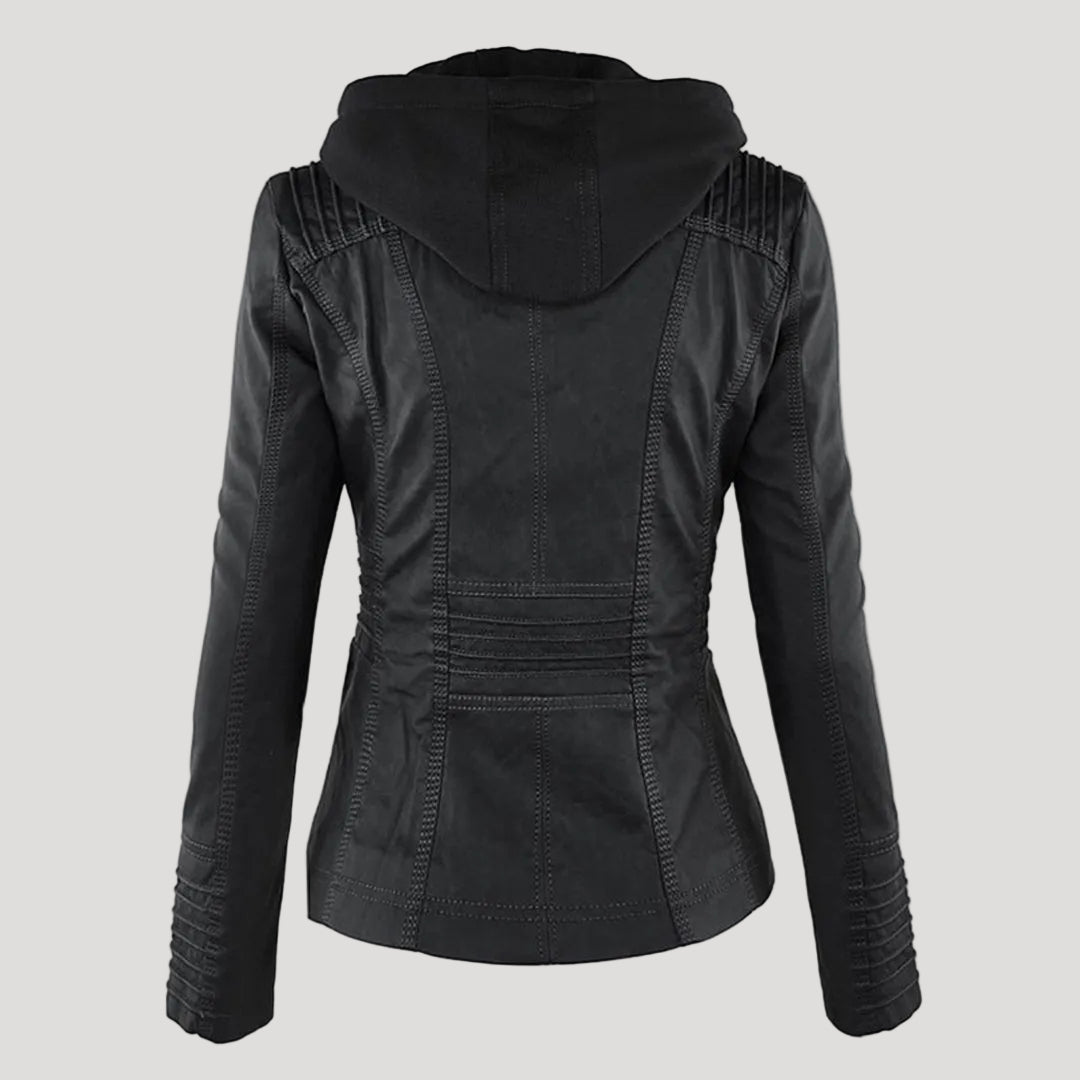 Wetterfester Damen Faux Lederjacke mit Kapuze – Bild 2 von 21