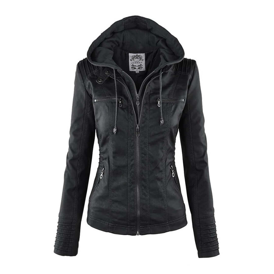 Stylische Damen-Lederjacke mit Kapuze – Bild 18 von 19