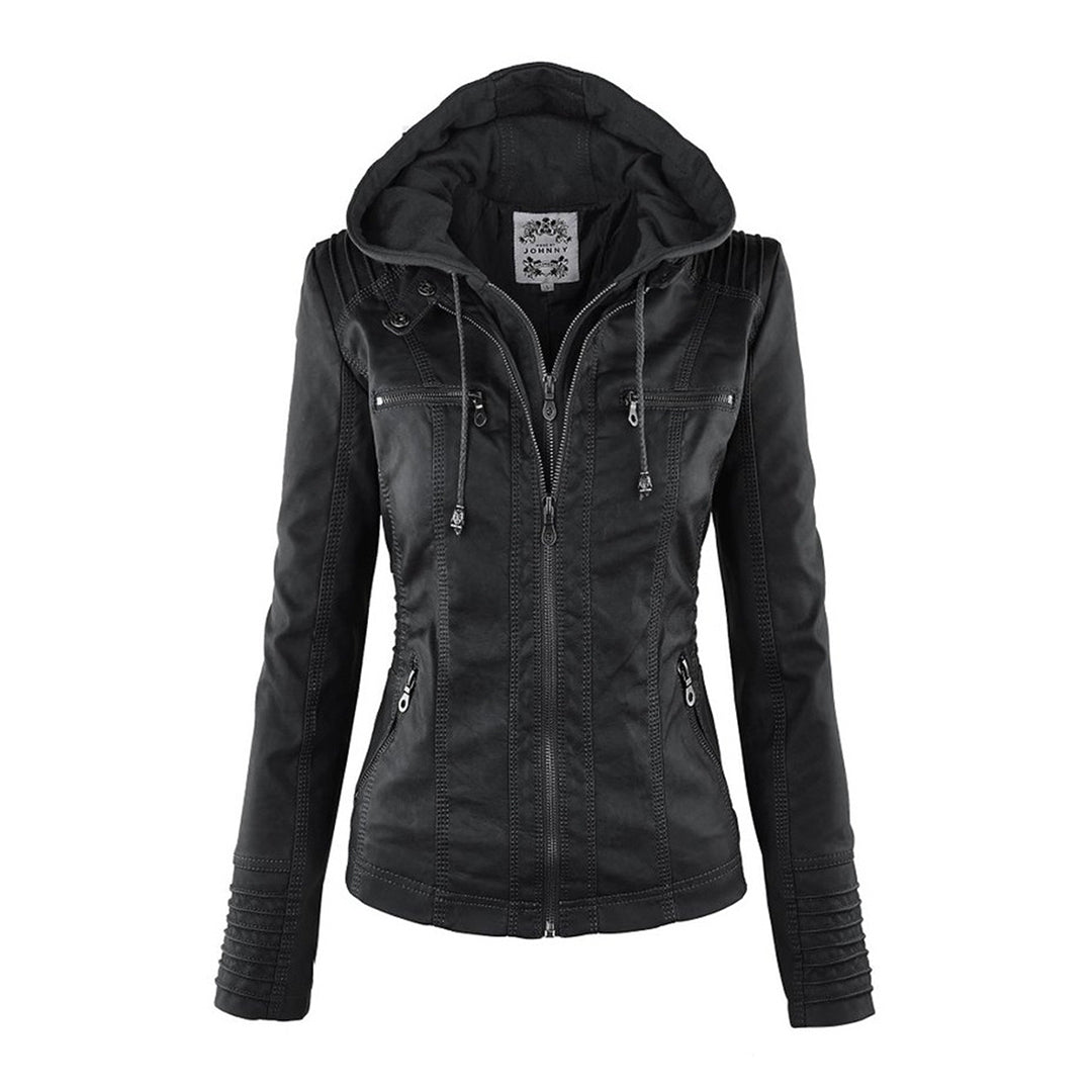 Wetterfester Damen Faux Lederjacke mit Kapuze – Bild 18 von 21