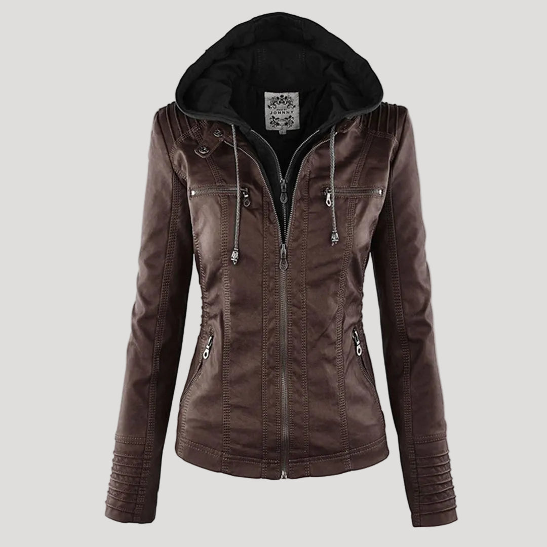 Wetterfester Damen Faux Lederjacke mit Kapuze – Bild 21 von 21