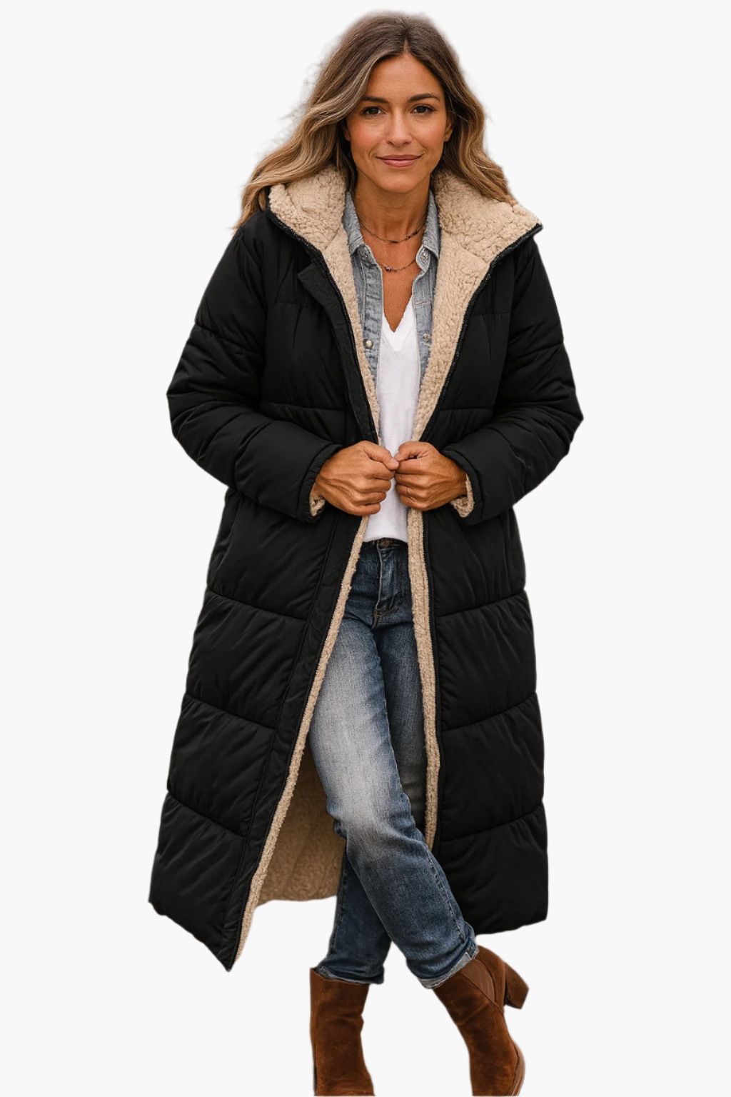 Angela | Damen Warme Kapuzen Winter Longline Puffer Jacke – Jacke & Mantel