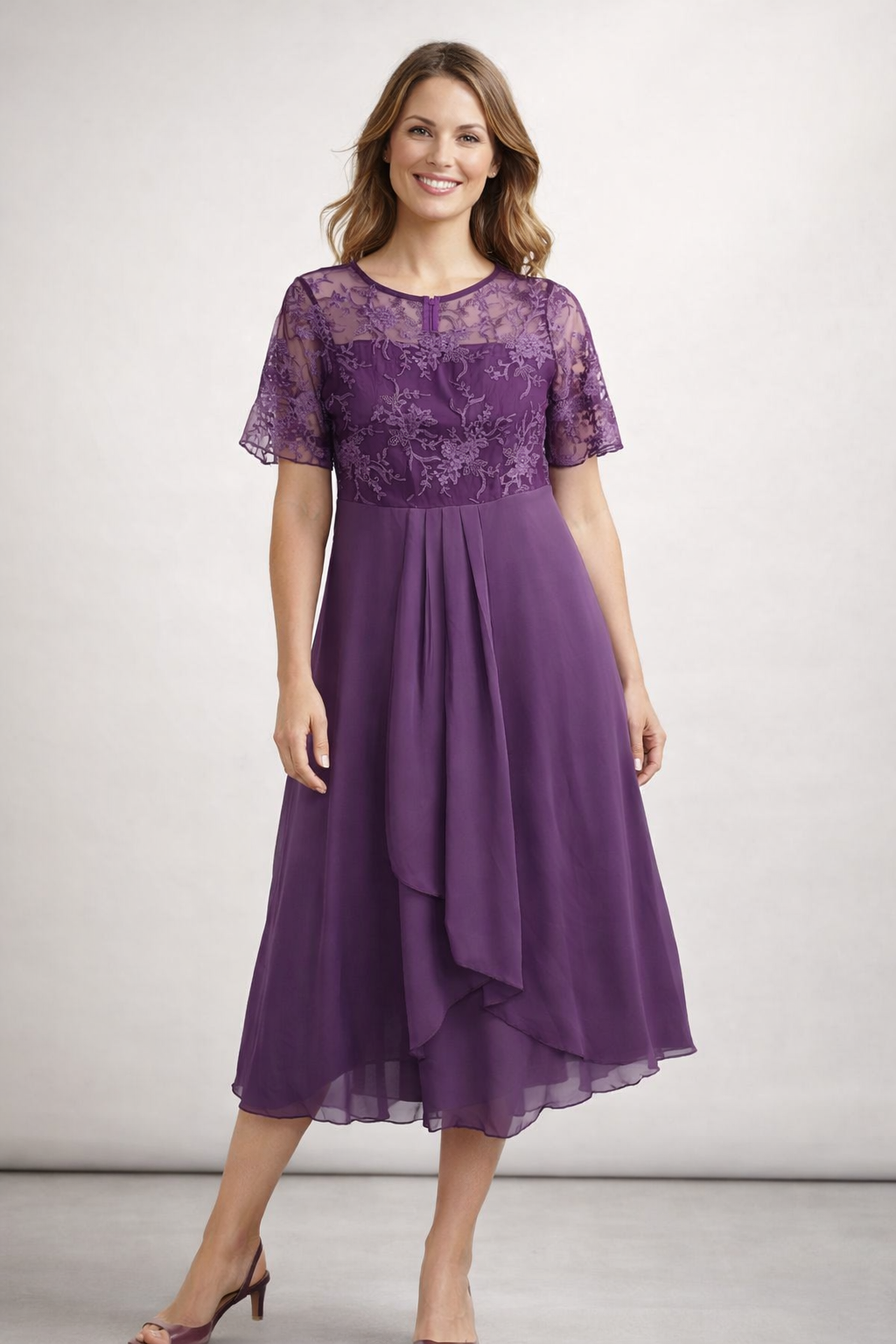 Damen Midikleid mit Spitze und Chiffon Kurzarm – Bild 4 von 10