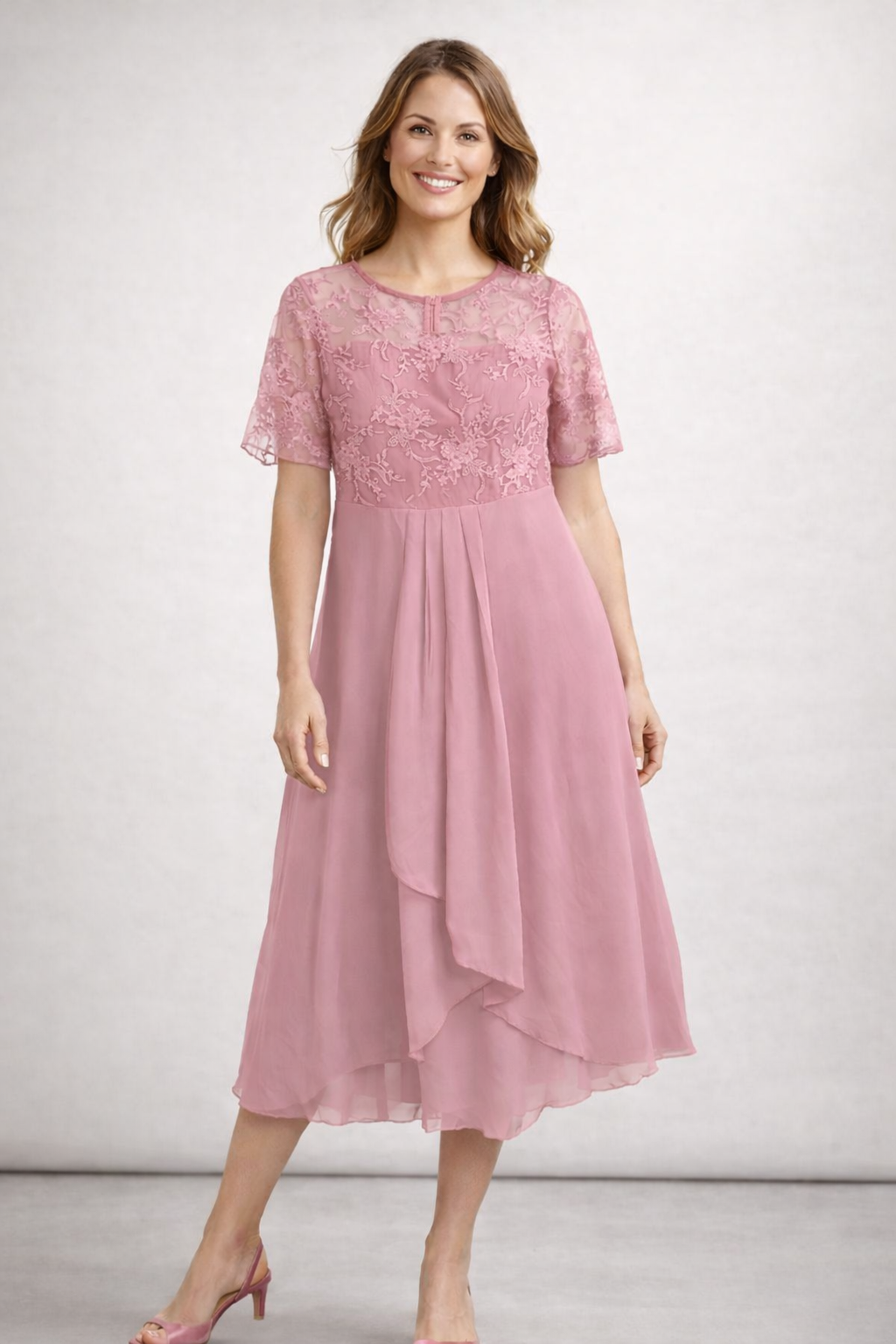 Damen Midikleid mit Spitze und Chiffon Kurzarm – Bild 3 von 10