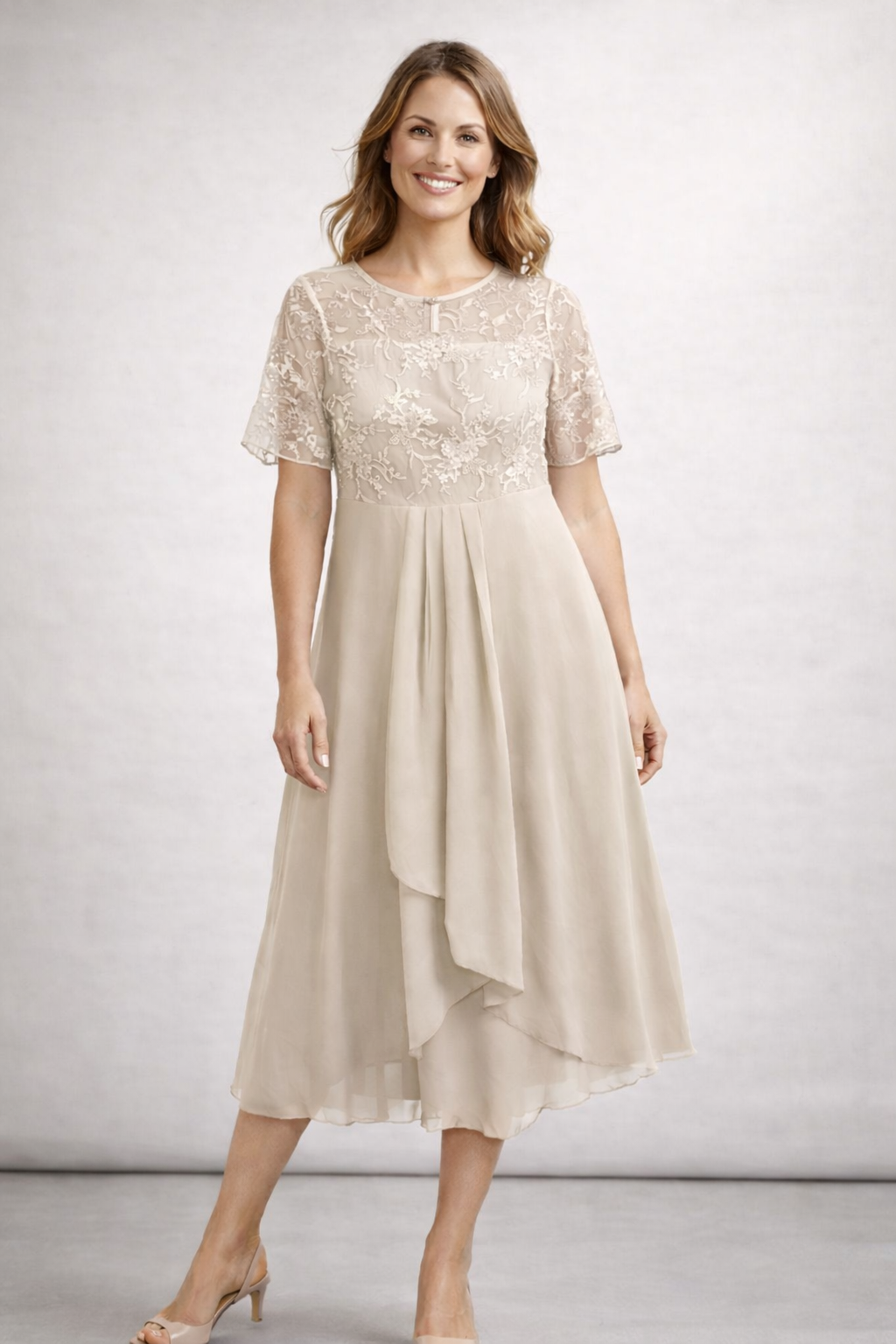 Damen Midikleid mit Spitze und Chiffon Kurzarm – Bild 10 von 10