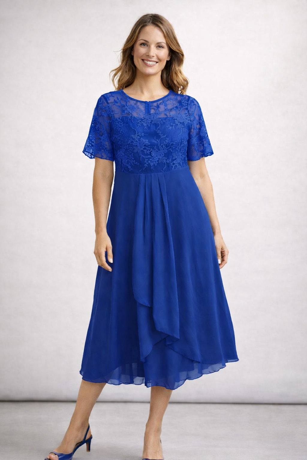 Damen Midikleid mit Spitze und Chiffon Kurzarm – Bild 9 von 10