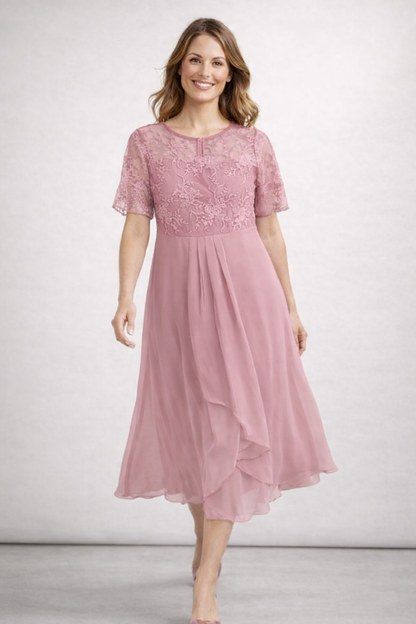 Damen Midikleid mit Spitze und Chiffon Kurzarm – Damenkleid