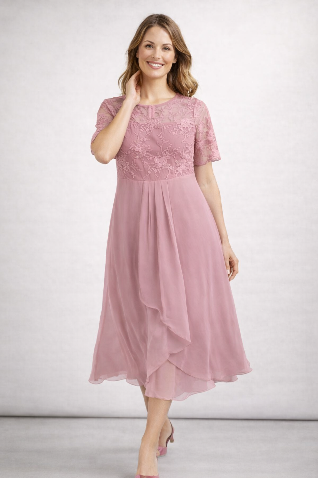 Damen Midikleid mit Spitze und Chiffon Kurzarm – Bild 2 von 10