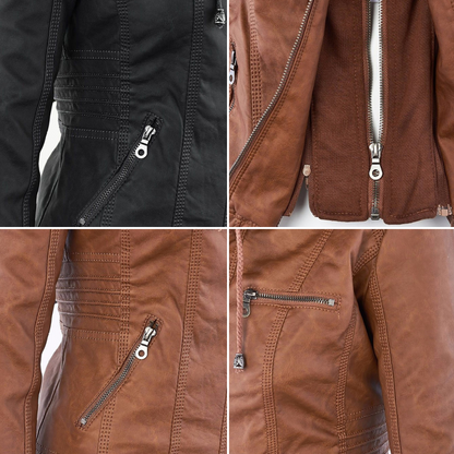 Wetterfester Damen Faux Lederjacke mit Kapuze – Bild 17 von 21