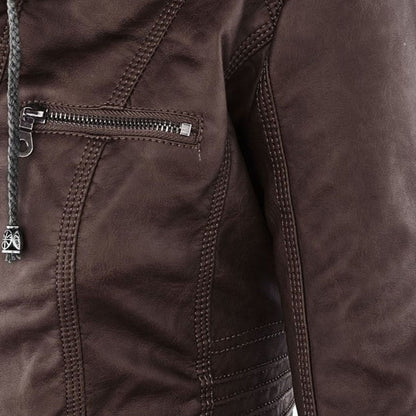 Wetterfester Damen Faux Lederjacke mit Kapuze – Bild 15 von 21