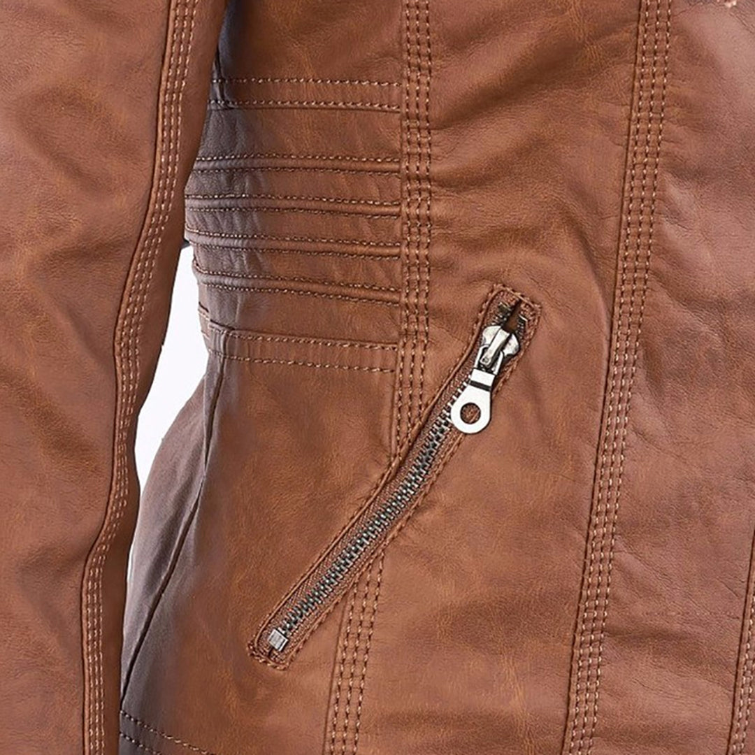 Wetterfester Damen Faux Lederjacke mit Kapuze – Bild 11 von 21