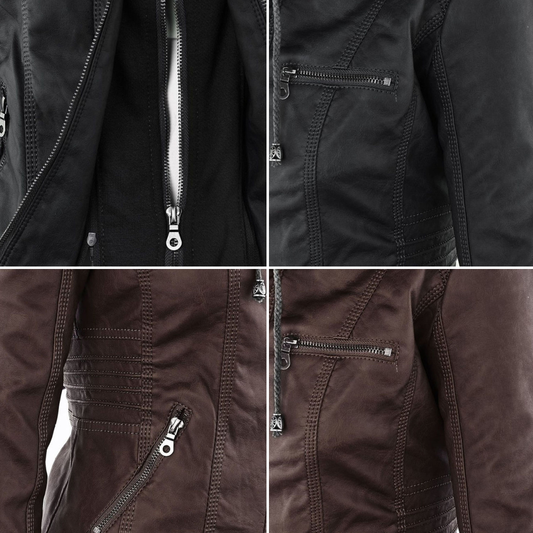 Wetterfester Damen Faux Lederjacke mit Kapuze – Bild 16 von 21