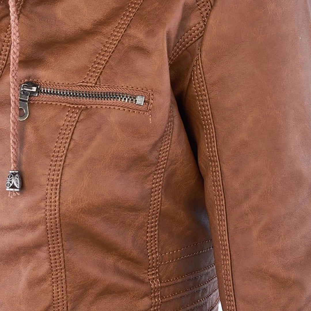 Wetterfester Damen Faux Lederjacke mit Kapuze – Bild 9 von 21