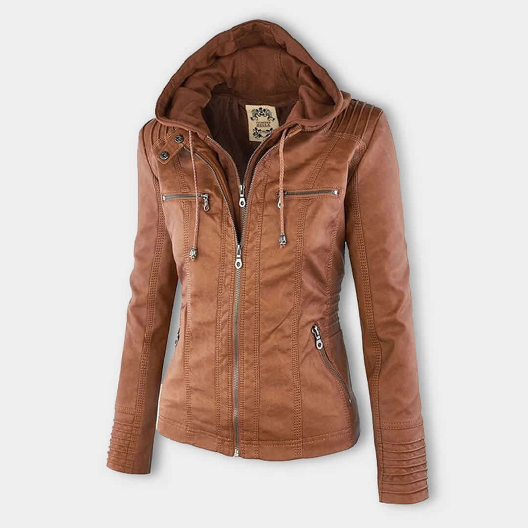 Stylische Damen-Lederjacke mit Kapuze – Bild 6 von 19