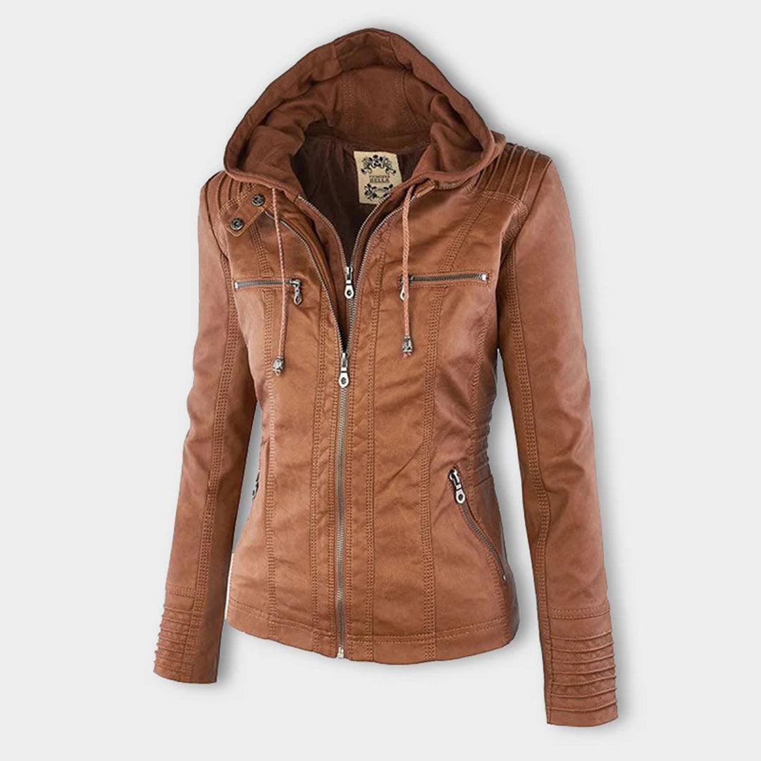 Wetterfester Damen Faux Lederjacke mit Kapuze – Bild 6 von 21