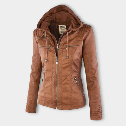 Wetterfester Damen Faux Lederjacke mit Kapuze – Bild 6 von 21