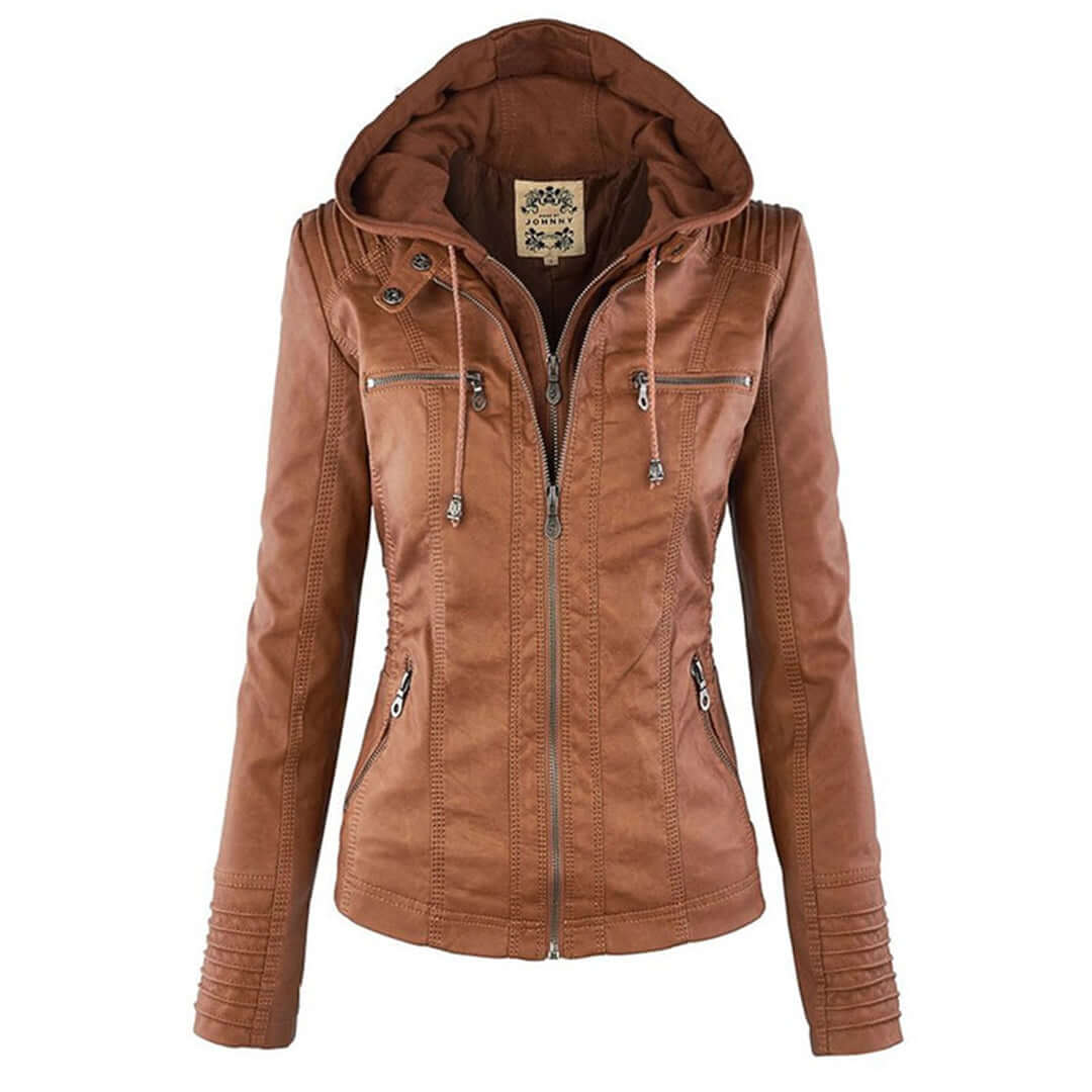 Stylische Damen-Lederjacke mit Kapuze – Bild 17 von 19