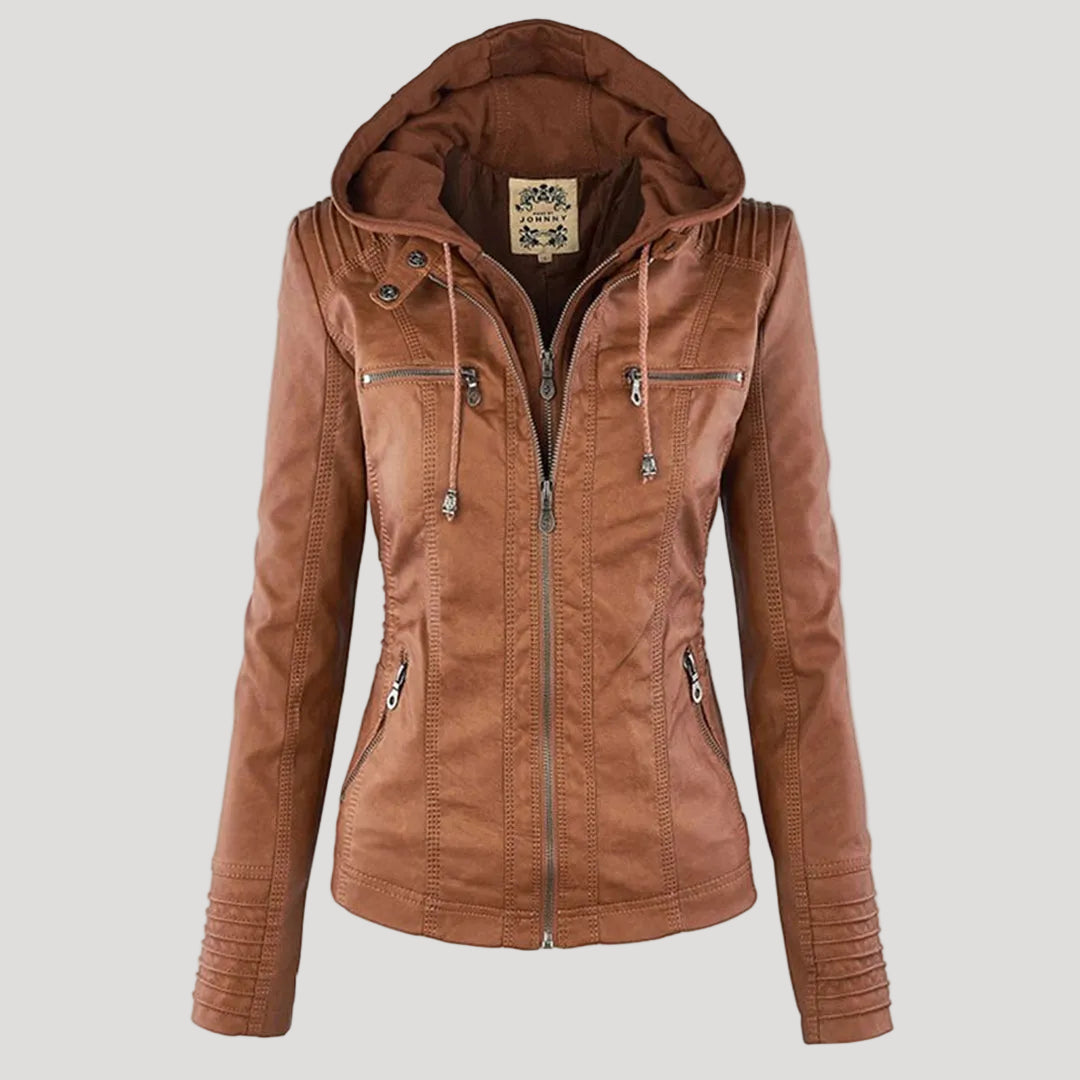 Wetterfester Damen Faux Lederjacke mit Kapuze – Bild 20 von 21