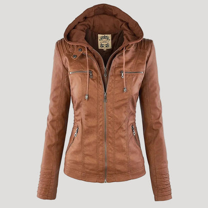Wetterfester Damen Faux Lederjacke mit Kapuze – Bild 20 von 21