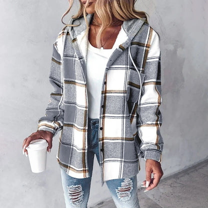 Kariertes Damen Hemdjacke Mit Kapuze – Bild 4 von 6
