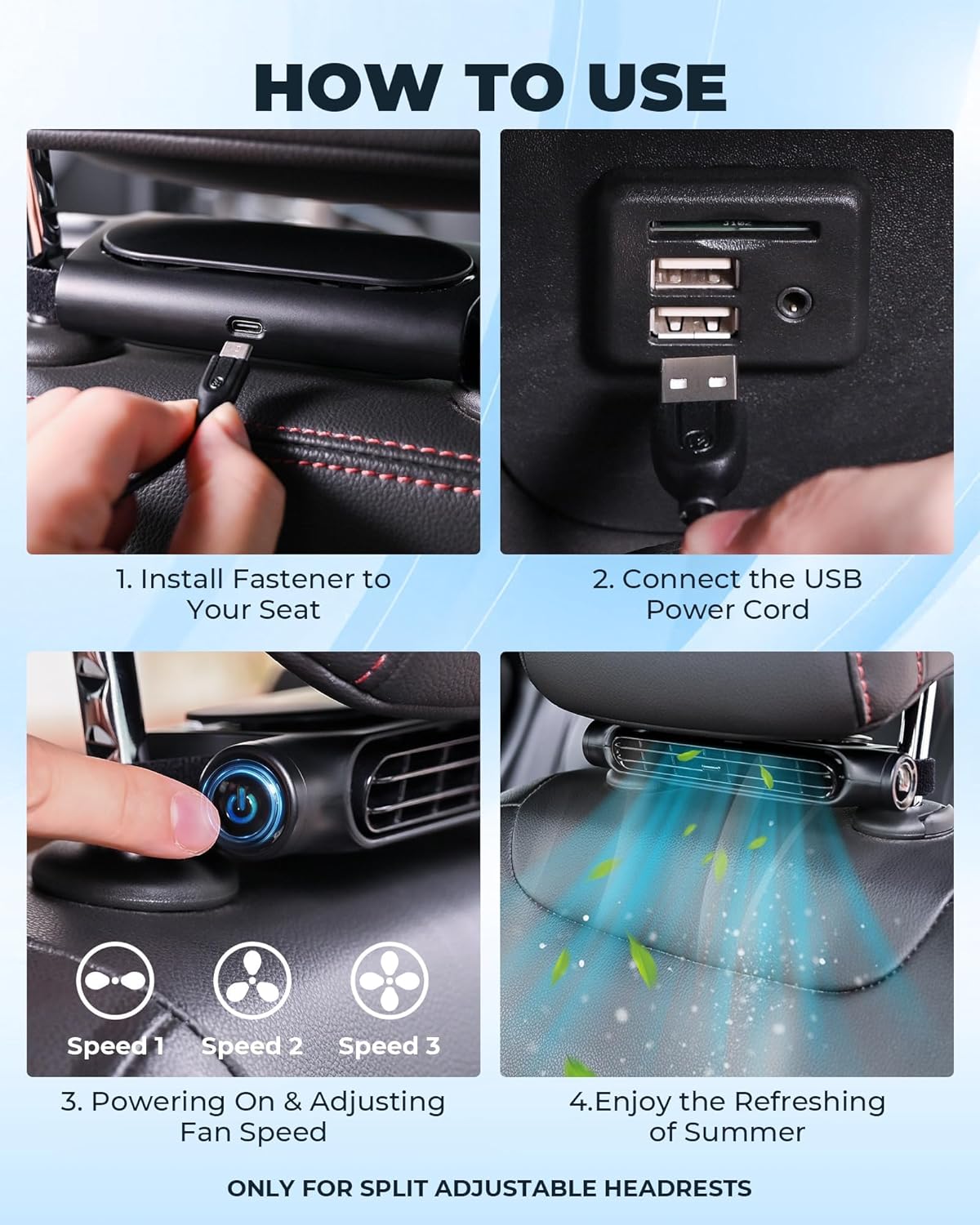 USB-Autoventilator mit 3 Geschwindigkeiten und Kopfstützenhalter – Pelanva – Ansicht 9