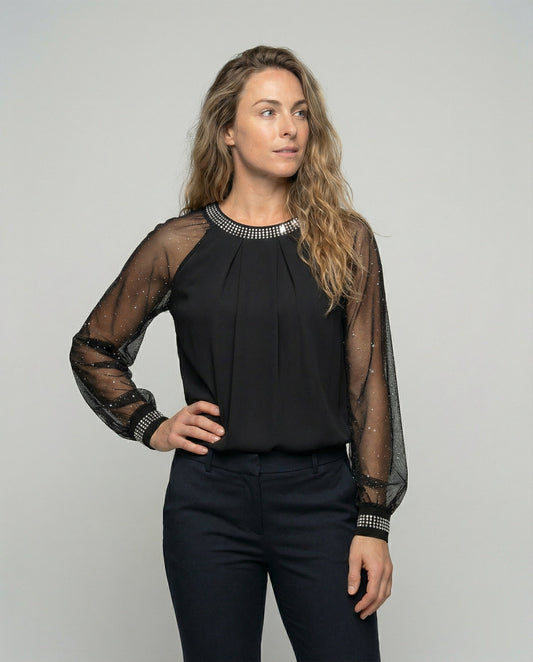 Damen Elegantes Mesh-Top mit Pailletten & Transparenten Ärmeln | Heidi-Mode – Shirt