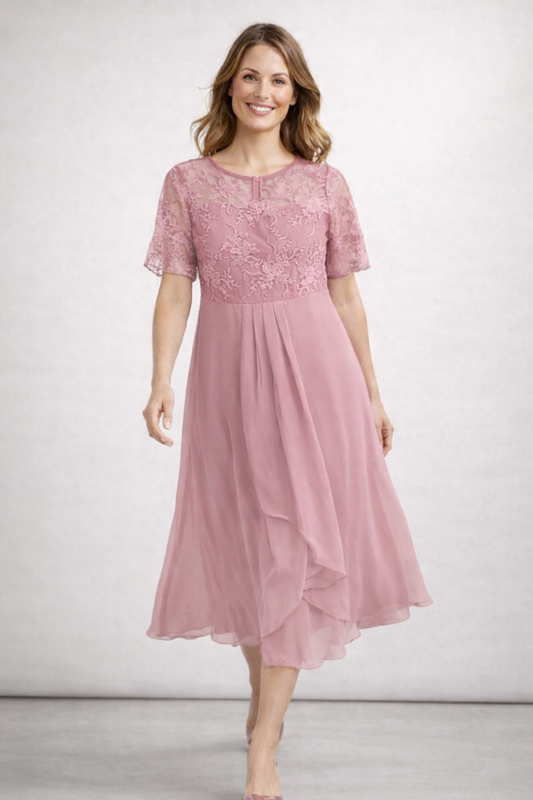 Damen Midikleid mit Spitze und Chiffon Kurzarm – Damenkleid