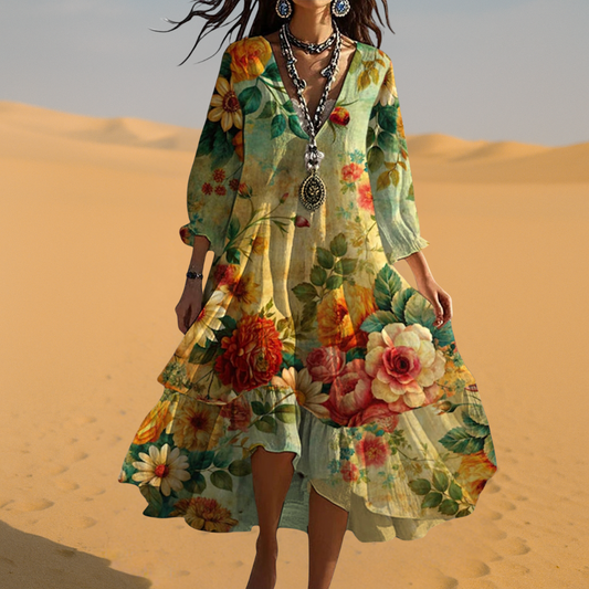Eva | Damen Vintage Boho V-Ausschnitt Sommerkleid – Damenkleid