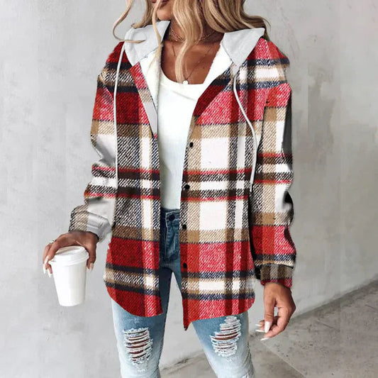 Kariertes Damen Hemdjacke Mit Kapuze – Jacke & Mantel