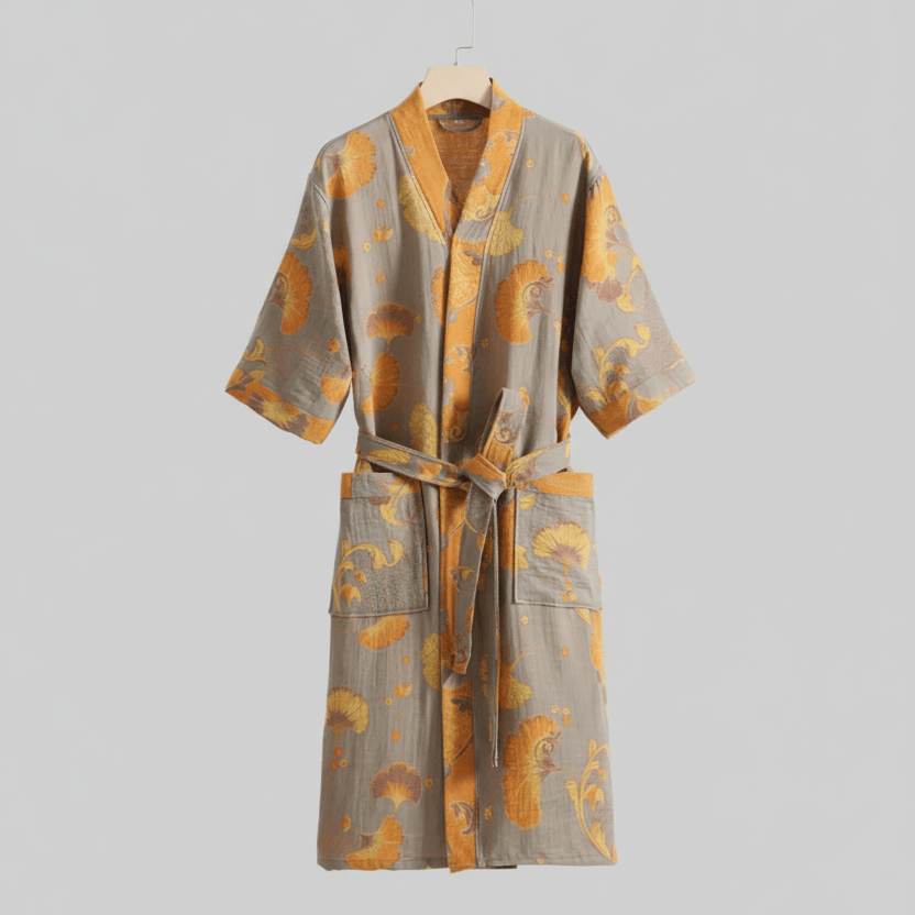 Kimono-Bademantel aus Bio-Baumwolle mit Ginkgo-Muster – Pelanva – Ansicht 10