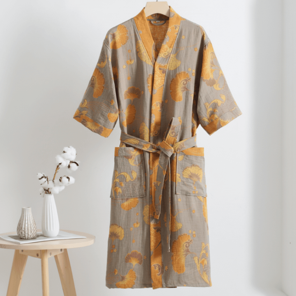 Kimono-Bademantel aus Bio-Baumwolle mit Ginkgo-Muster – Pelanva – Ansicht 12
