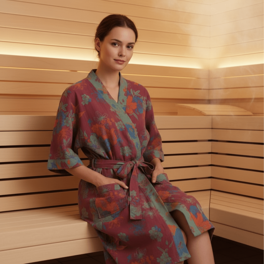 Kimono-Bademantel aus Bio-Baumwolle mit Ginkgo-Muster – Pelanva – Ansicht 5