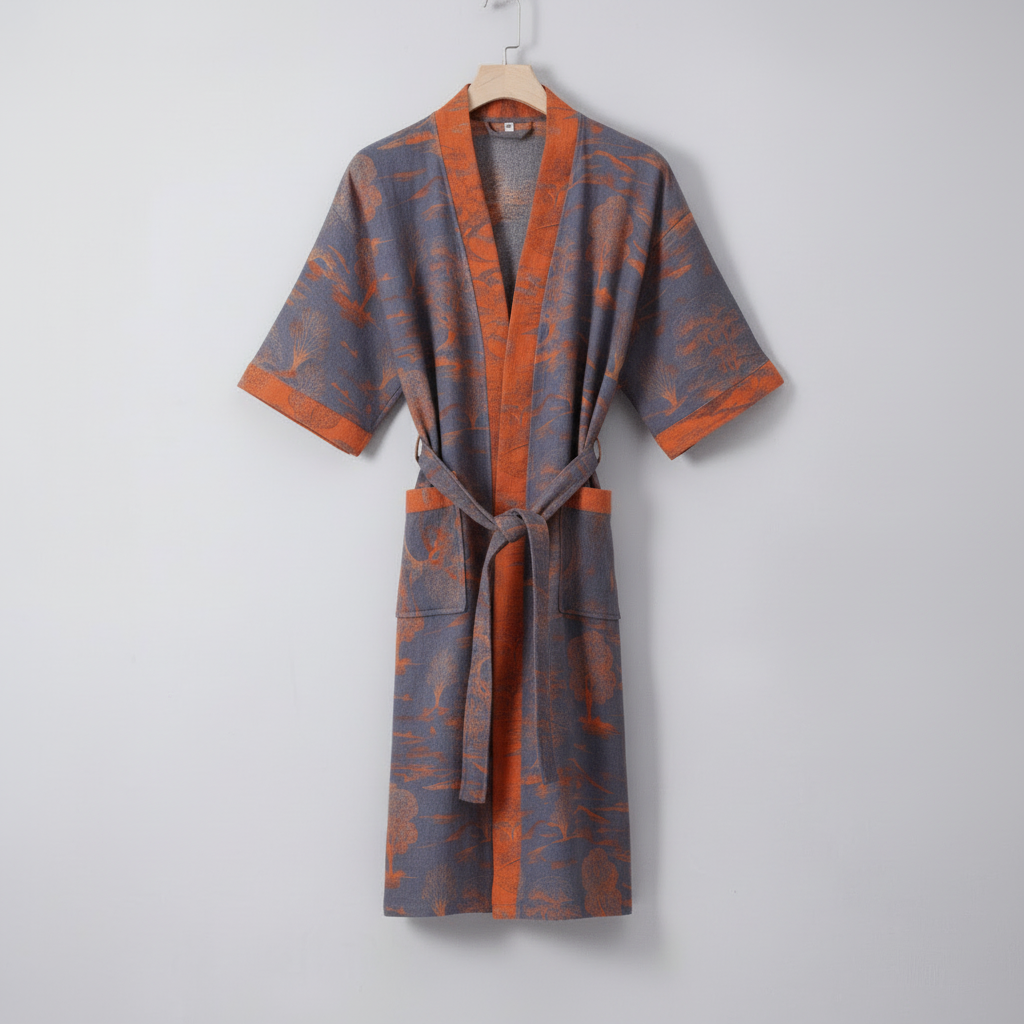 Kimono-Bademantel aus Bio-Baumwolle mit Ginkgo-Muster – Pelanva – Ansicht 8
