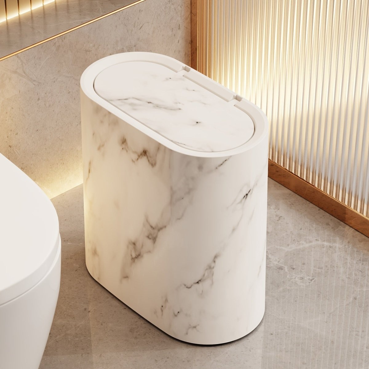 Eleganter Mülleimer im Marmordesign, Nahaufnahme – Pelanva