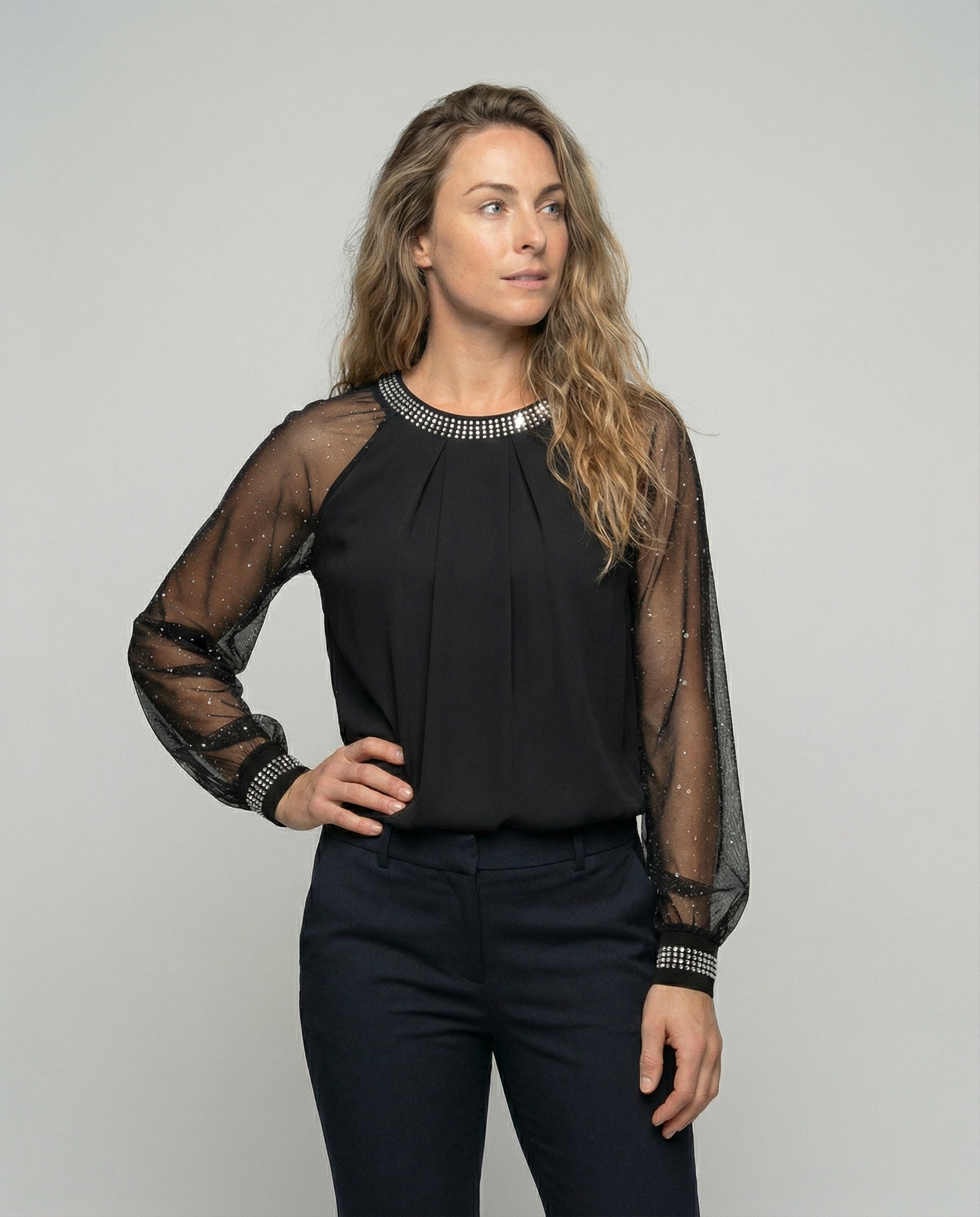 Damen Elegantes Mesh-Top mit Pailletten & Transparenten Ärmeln | Heidi-Mode – Shirt