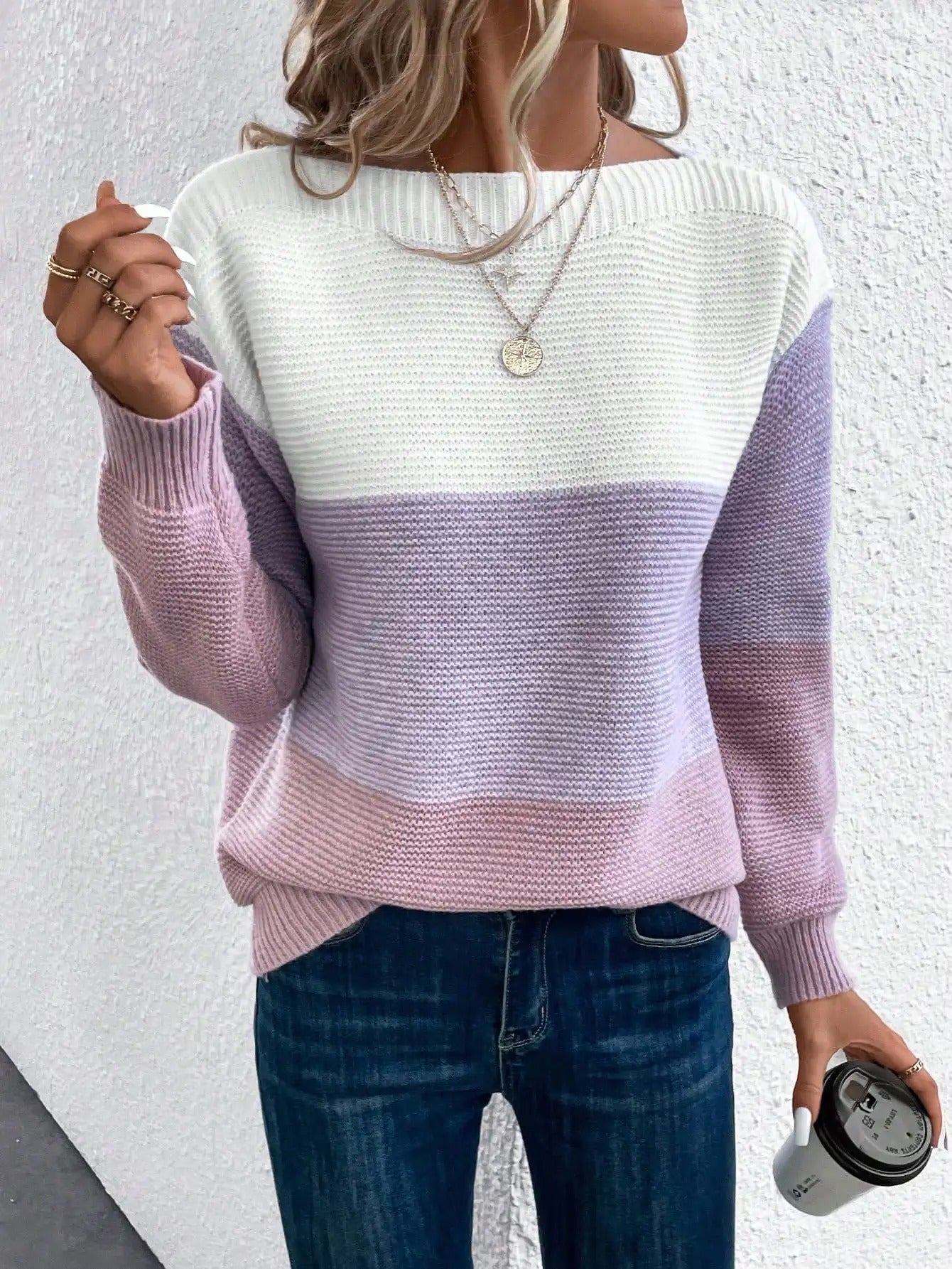 Eleganter Dreifarbiger Patchwork Pullover – Bild 3 von 3